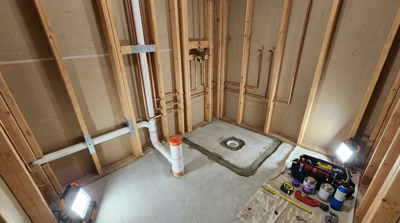 Bathroom rough-in plumbing during remodel by Johns Plumbing LLC in Brookville