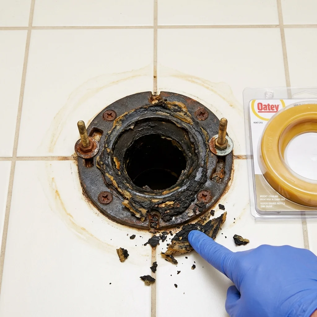 Failed wax ring showing water seepage at the base of a toilet in a Brookville, OH home