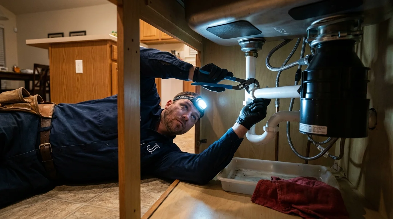 P-trap and supply line connections under a kitchen sink showing a common leak point in Brookville, OH